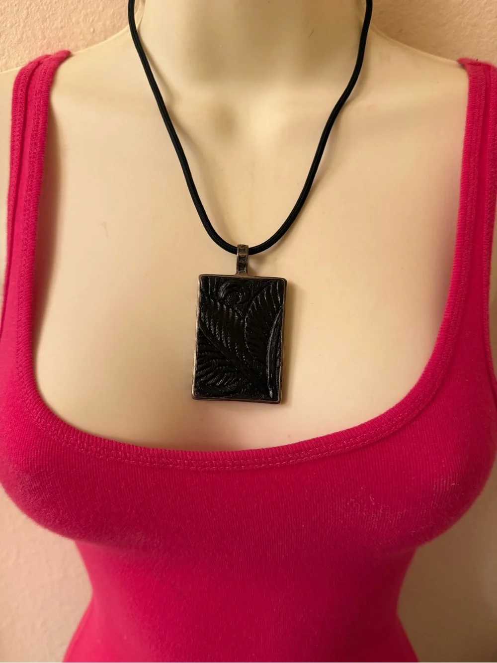Hand embossed Leaf Rectangle Pendant unisex Necklace sterling silver vintage